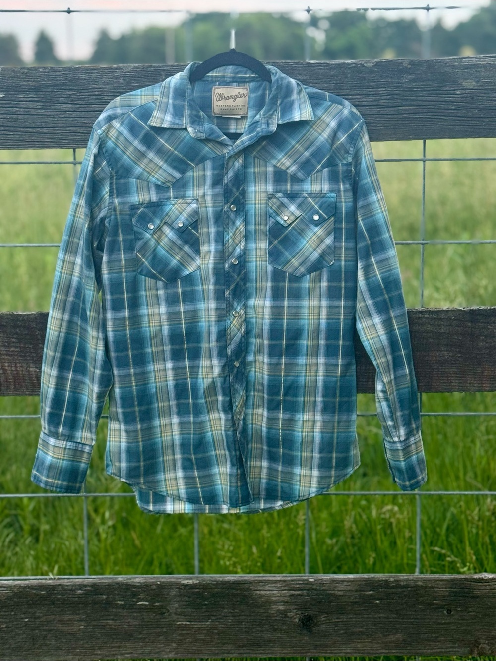 Vtg Wrangler Western Cowboy Shirt Blue Plaid Pearl Snap Long Sleeve Men’s Medium